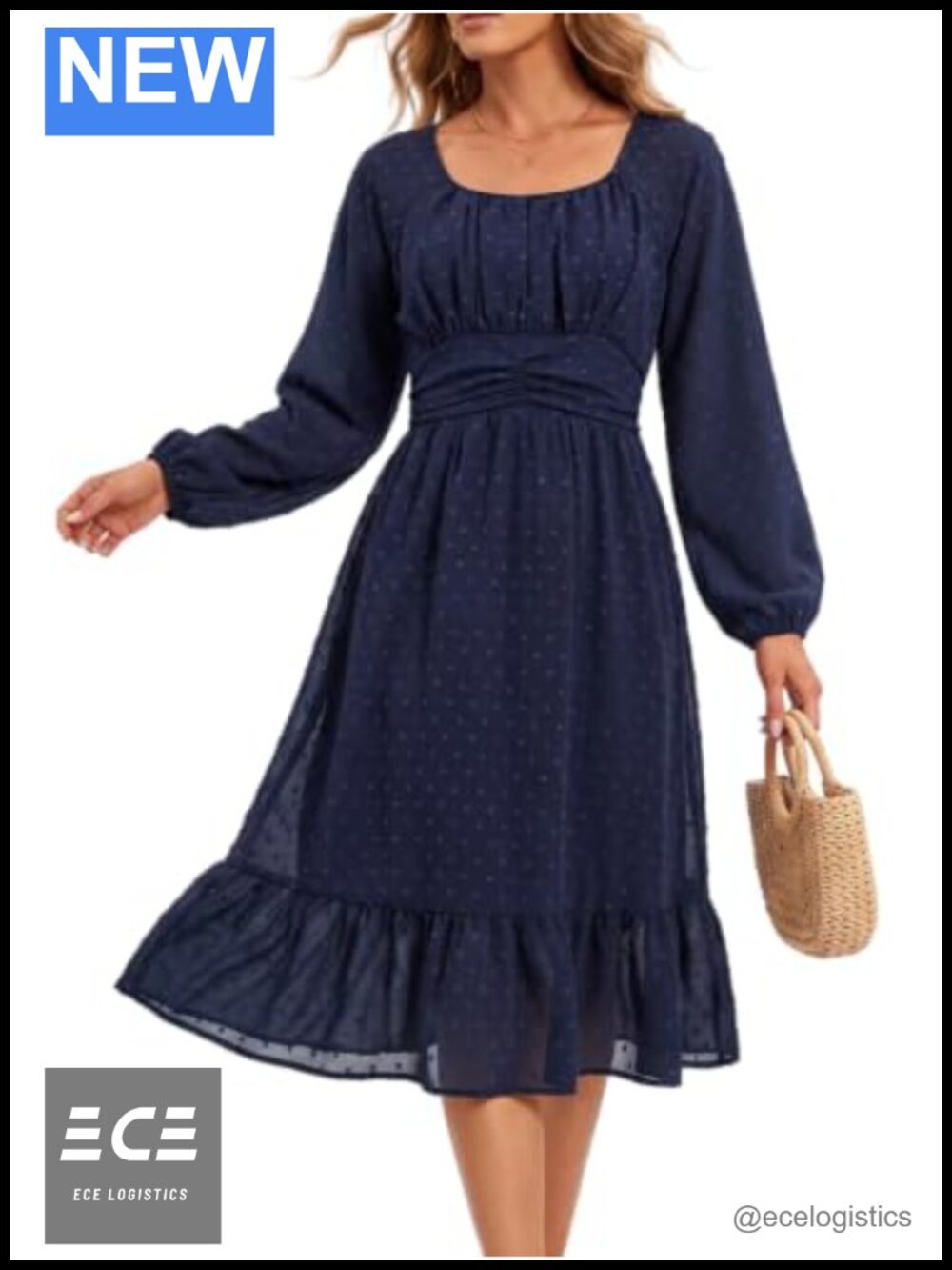 Swiss Dot Square Neck Long Sleeve A-Line Midi Dress with Pockets